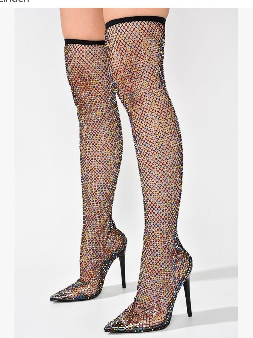Fishnet Boots , Rhinestone  Thigh-High Boots - Multicolor - Picture 4 of 4